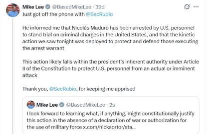 ABD’li Senatör Lee: "Dışişleri Bakanı Rubio, Maduro’nun ABD’de yargılanmak üzere tutuklandığını bildirdi"