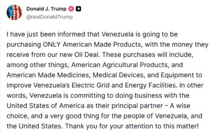 ABD Başkan Trump: "Venezuela, petrol anlaşmasından elde edeceği gelirle yalnızca ABD yapımı ürünleri satın alacak"
