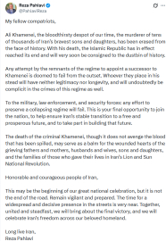 Sürgündeki Rıza Pehlevi: "Hamaney’in ölümüyle, İran rejimi fiilen sona erdi"