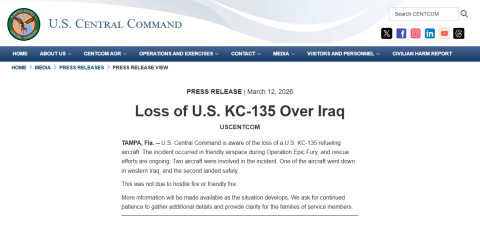 ABD ordusu, KC-135 tipi yakıt ikmal uçağının Irak’ta düştüğünü açıkladı