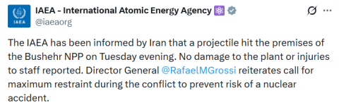 UAEA: "İran, Buşehr Nükleer Santrali yerleşkesine füze isabet ettiğini bildirdi"