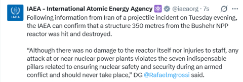 UAEA, İran’daki Buşehr Nükleer Santrali reaktörünün yakınına füze isabet ettiğini doğruladı