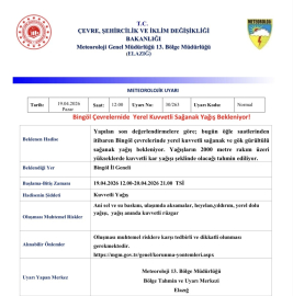 Meteorolojiden Bingöl için yağış uyarısı